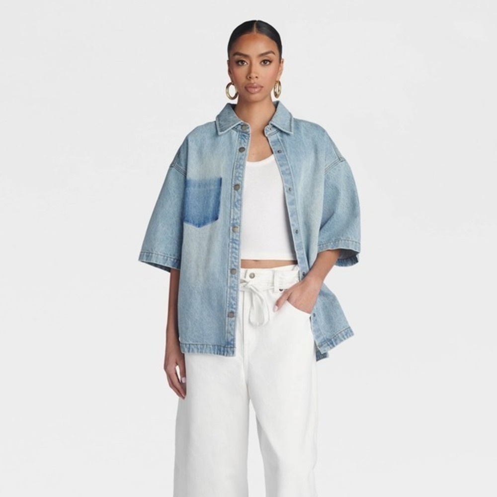 KBB KAHLANA Target 2X Plus Short Sleeve Boxy Denim Shirt Light Wash Jean Jacket - Picture 6 of 9